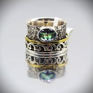 BOBBY DUGGAL Sterling Silver & Mystic Topaz Spinner Ring Size 9